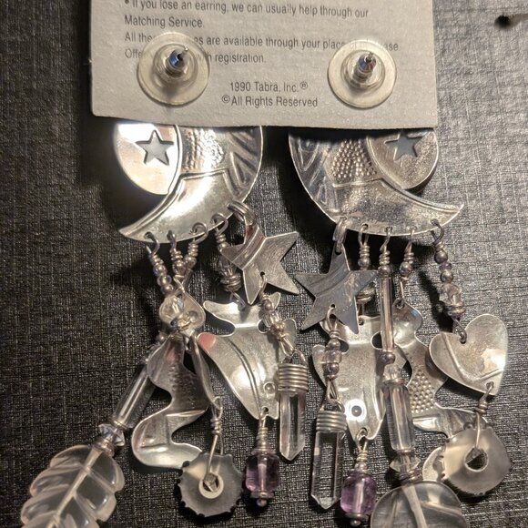 RARE TABRA CARVED MOONSTONES MOON FACE STERLING STAR MOON & STAR EARRINGS - Picture 4 of 5